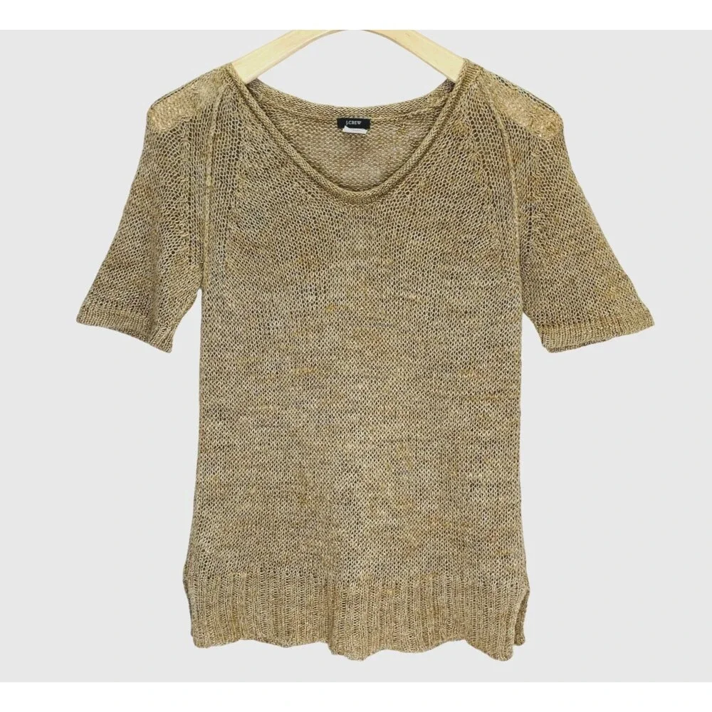 J. Crew Linen Crochet Knit Short Sleeve Top Womens XS Granola Girl Coastal Boho